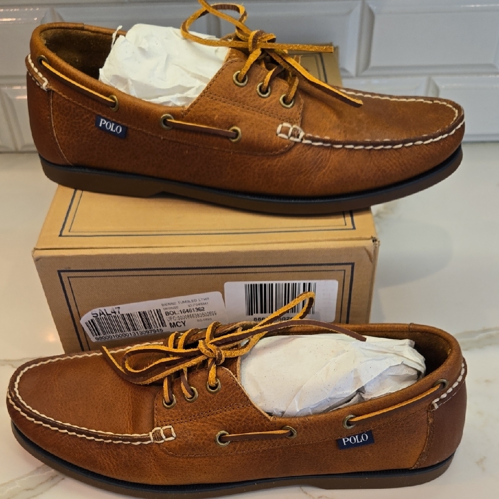 NEW IN BOX Polo by Ralph Lauren Tan Leather Brienne Boat Shoes - Picture 7 of 7